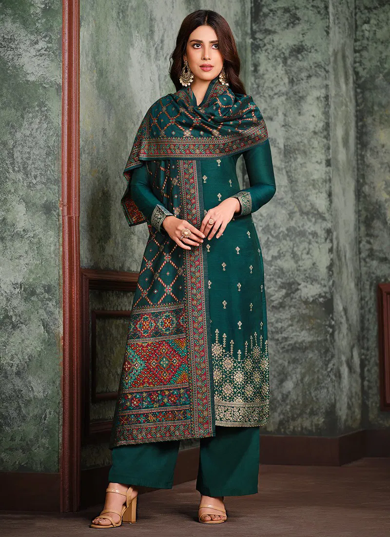 Dark Bottel Green Colour ROYAL WEAVE BANDHEJ Festive Wear Silk Jacquard Heavy Work Salwar Suit Collection 4915